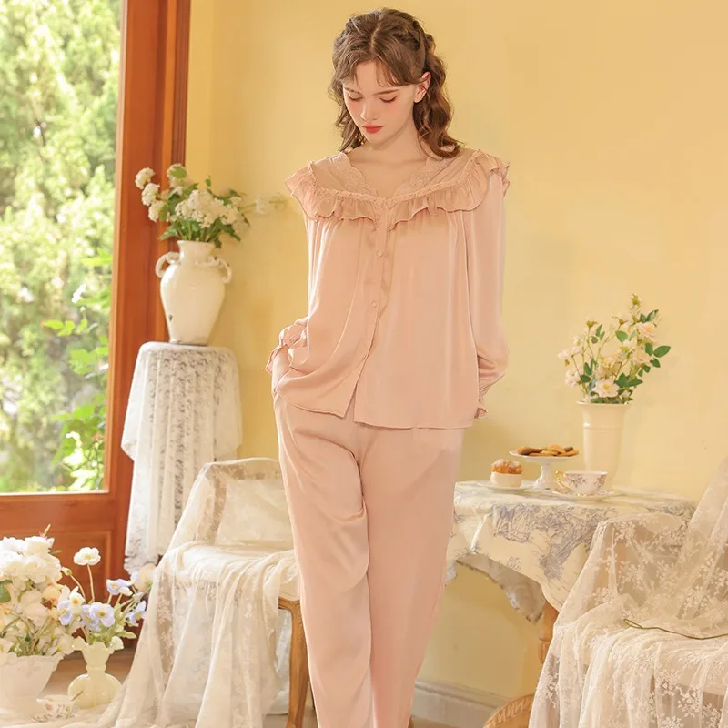 Women's Long Sleeve Pajama Set Spring and Autumn Ice Silk Satin Embroidery Loungewear Suit Sweet Internet Celebrity Style XL