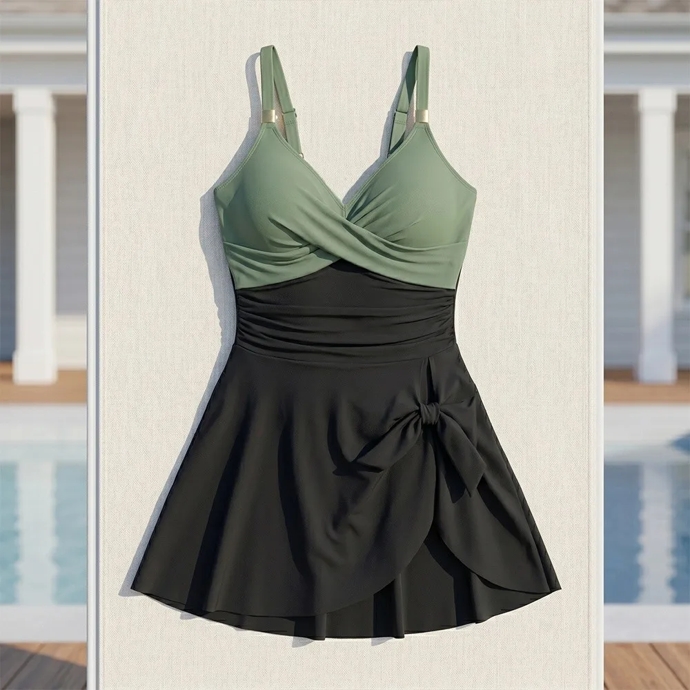 Beach Suit Slim Fit Women's Swimming Suit Pleated Sleeveless Summer Swimwear Beachwear Clothing V-Neck Bathing Suit Vacation
