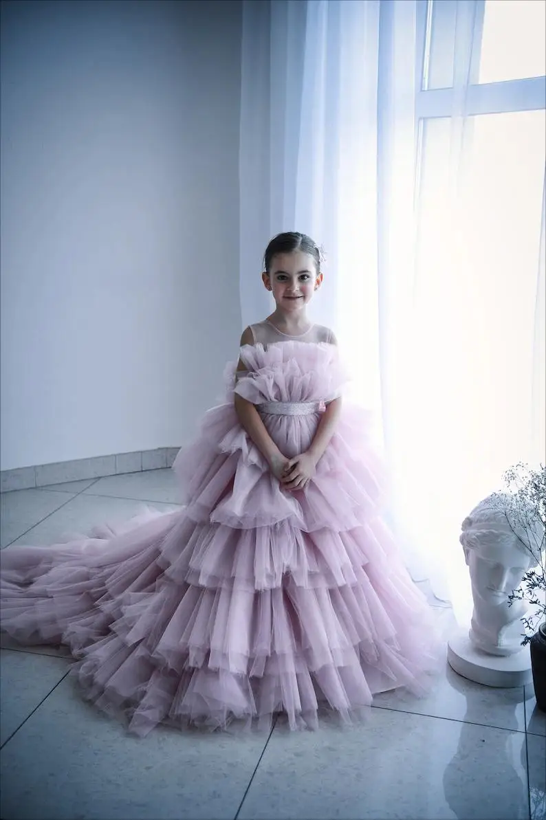 Large Tulle Mother Daughter Dresses for Photoshoot Strapless Tiered Ball Gown Pink Mom and Daughter Party Dresses