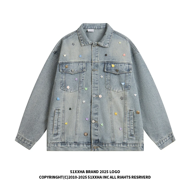 

Свободная мужская джинсовая куртка с винтажным украшением на пуговицах, повседневная рабочая одежда из смеси хлопка и полиэстера, осенняя верхняя одежда, молодежная мода