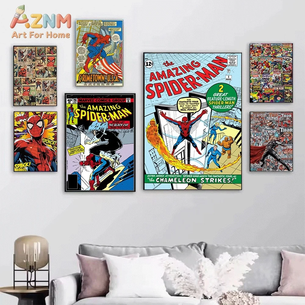 The Amazing Spiderman Black Cat Scorpion Vintage Comic Canvas Wall Art Poster Marvel Print Picture Home Bedroom Living Room Wa