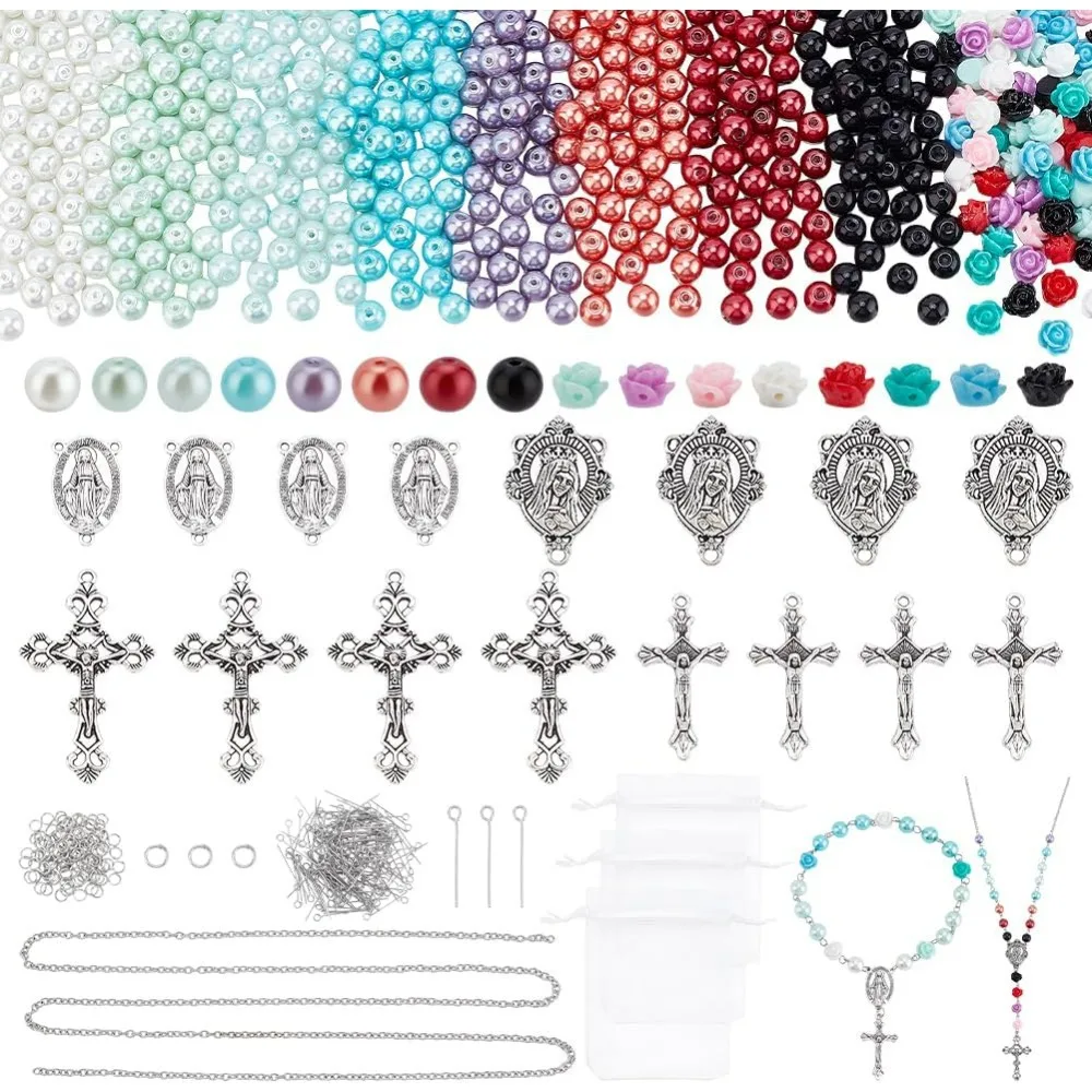 

767pcs Rosary Jewelry Making Kit Prayer Necklace Supplies 8mm Round Pearl Beads Cross Charms Pendants Flower Rose Beads