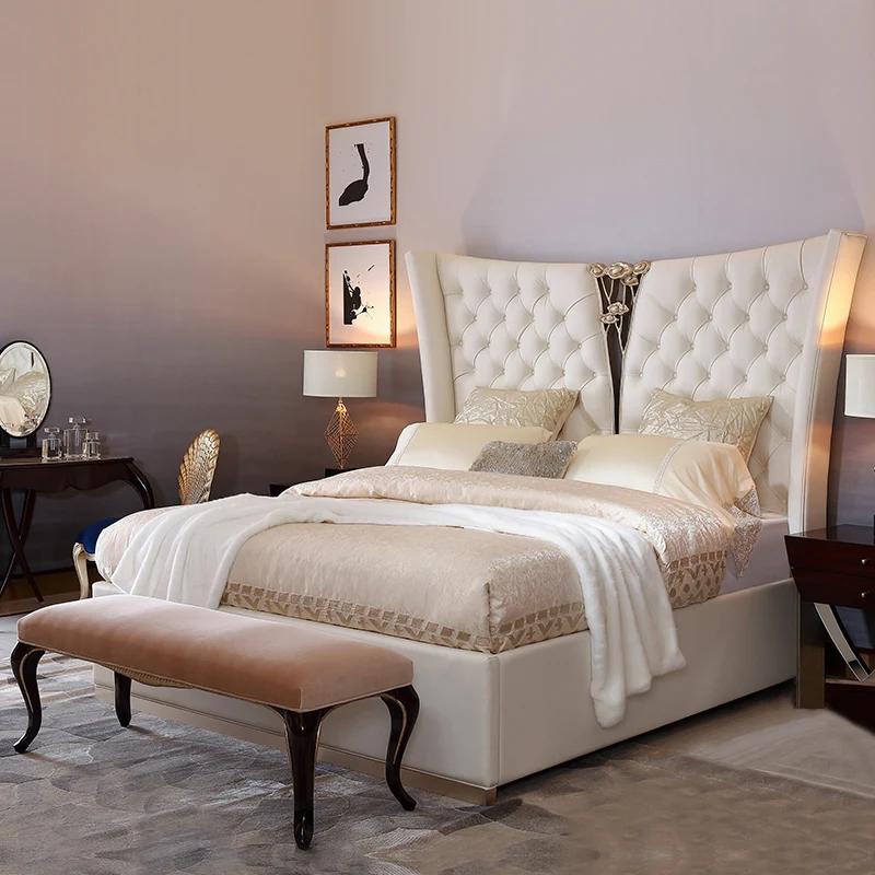 !@New Arrival Bedroom Furniture Sets king Size Wooden Bed Classical Luxury Leather Up-holstered Beds