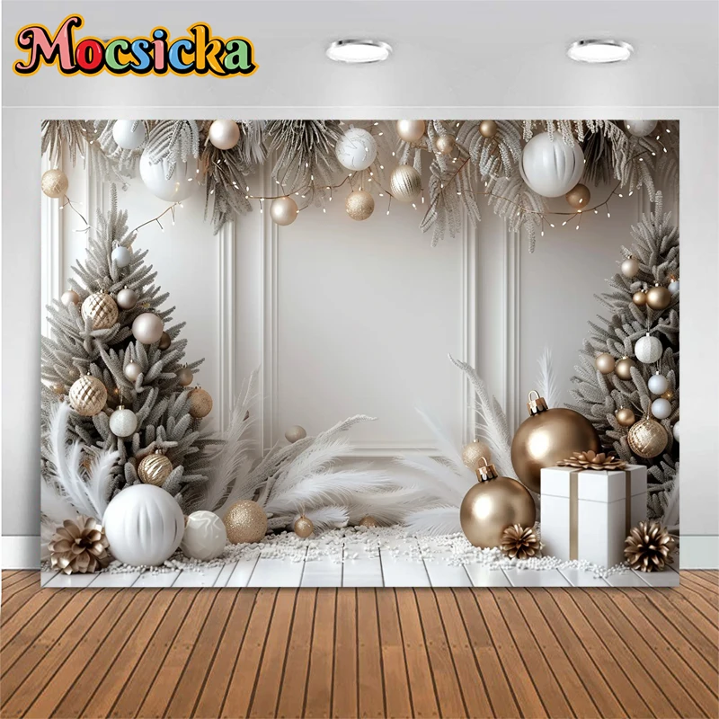 White Wall Christmas Backgrounds For Photography Baby Shower Christmas Tree Photo Backdrop Shooting Props Decorations Photobooth