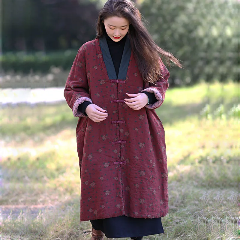 Winter Womens High-End Linen Floral Splicing Improved Hanfu Cotton-Padded Coat Casual Single Breasted Loose Seam Thick Coat Long