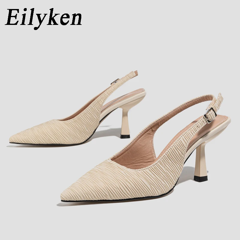 Eilyken 2024 Pumps Pleated Buckle Strap Women Fashion Shallow Pointed Toe Banquet Prom Designer High Heels Shoes