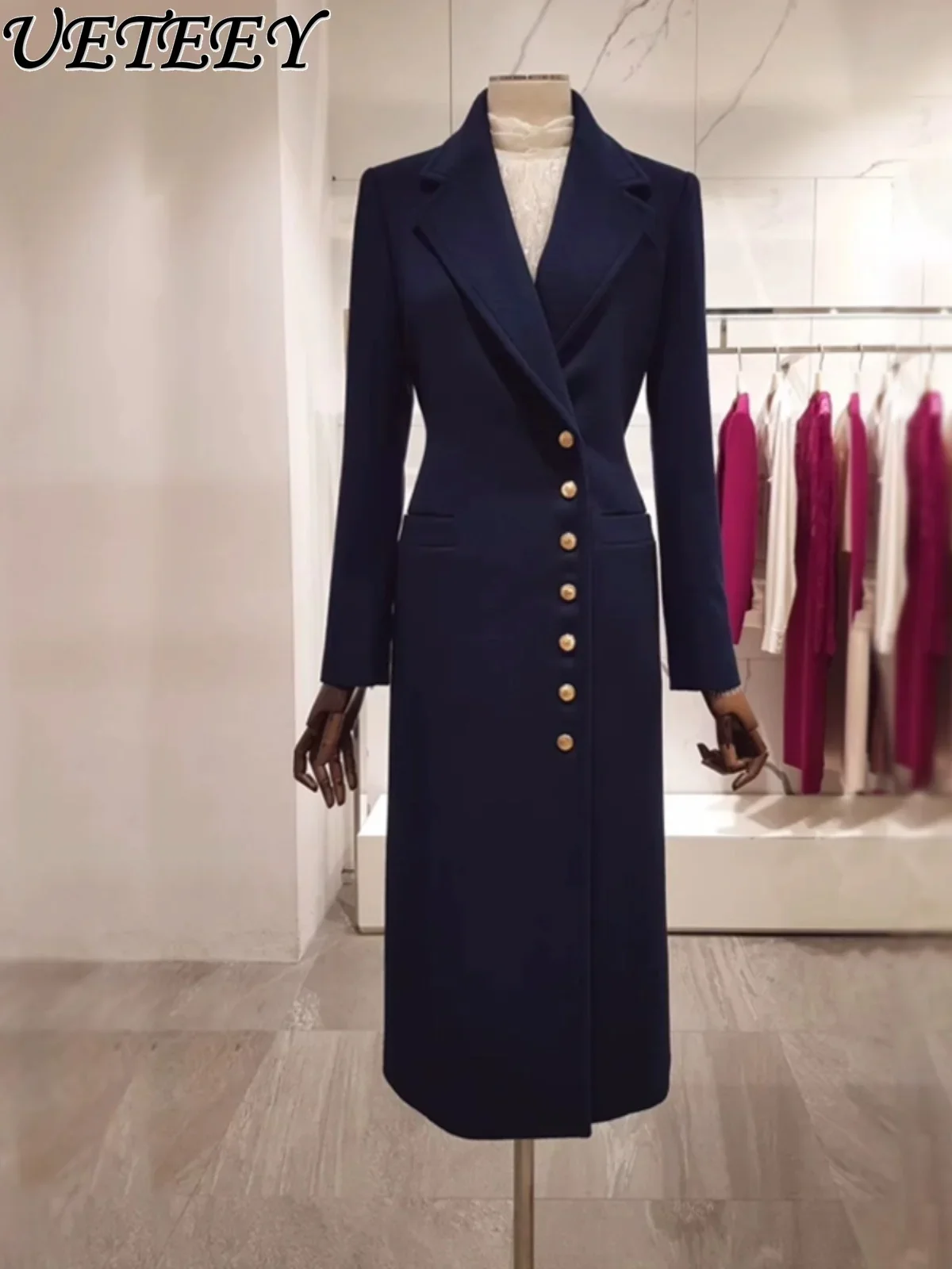 Autumn and Winter New Slim-fit Warm Long-sleeved Woolen Coat Over-knee Suit Collar Gold Button Long Overcoat for Women