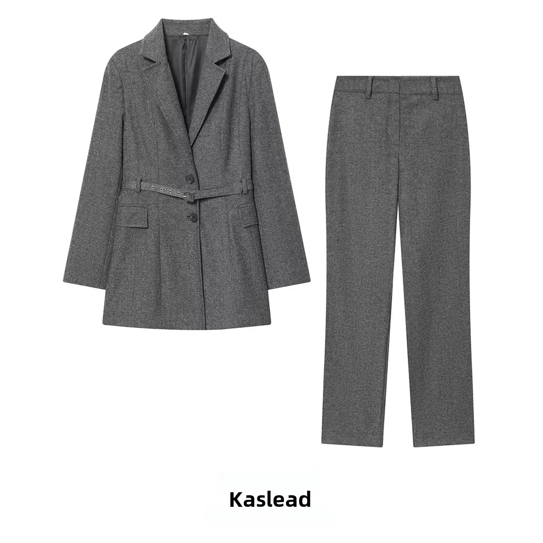 

KASLEAD Новый женский костюм-джак с поясом, длинные брюки, полосатый узор, осенний комплект Faion, костюм из двух предметов, длинный све, обычный Le...