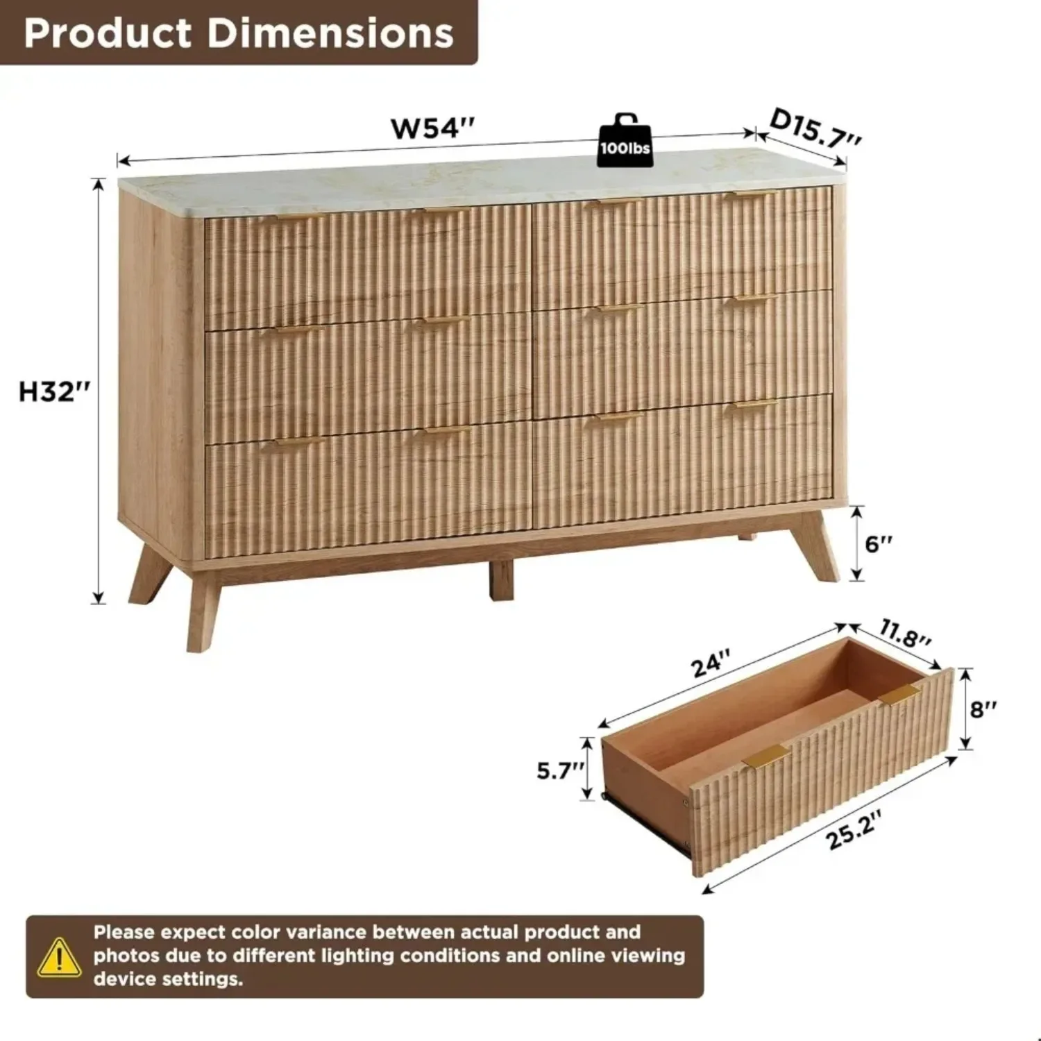 Lemari rias 6 laci bergalur, Laci Modern lebar 54 "dengan atasan Marmer imitasi, desain profil melengkung, kayu ek alami