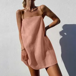 Summer Dresses Women Linen Casual Vacation Cute Spaghetti Strap Dresses With Pockets Summer Knee Length Dresses For Women