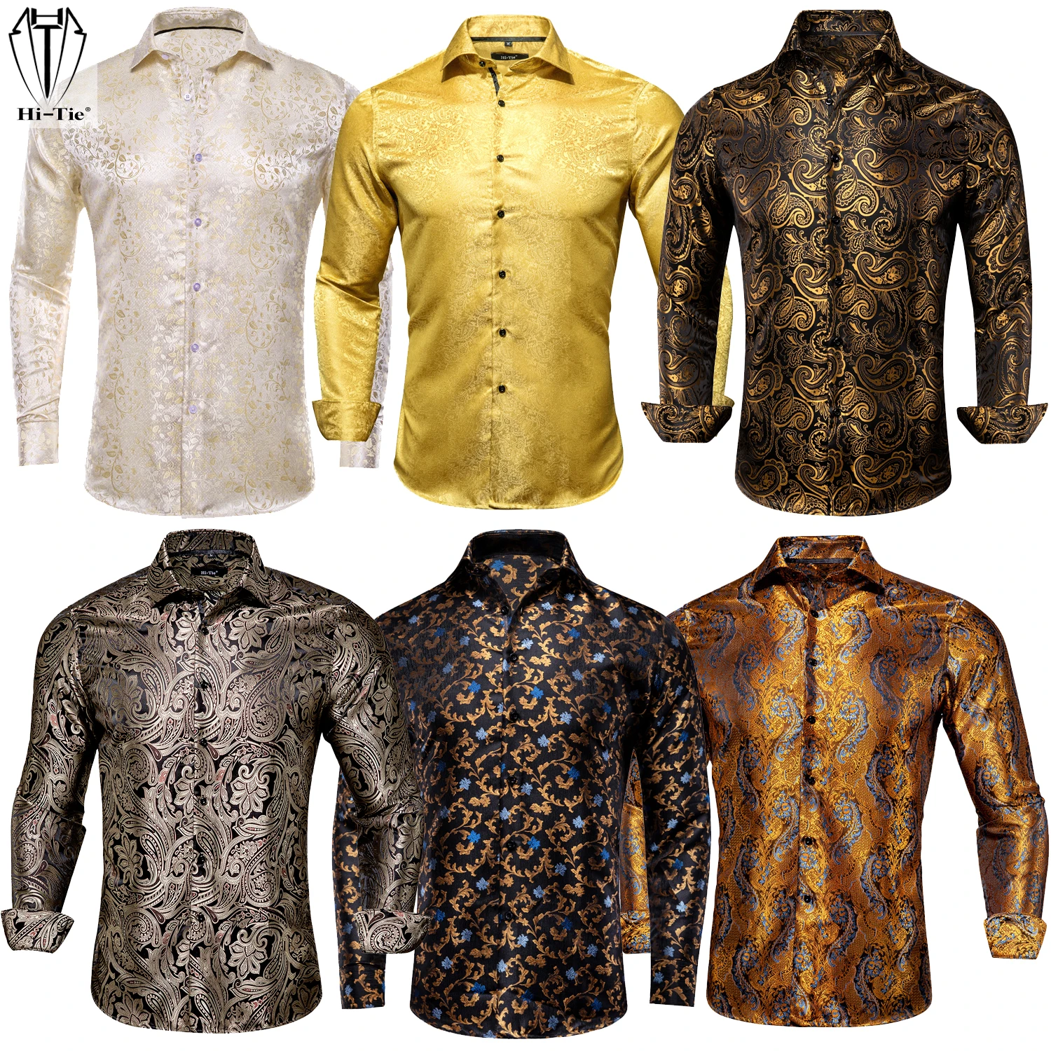 

Silk Gold Beige Brown Orange Mens Shirts Long Sleeve Single Breasted Lapel Jacquard Shirt Blouse Outerwear Wedding Business Gift