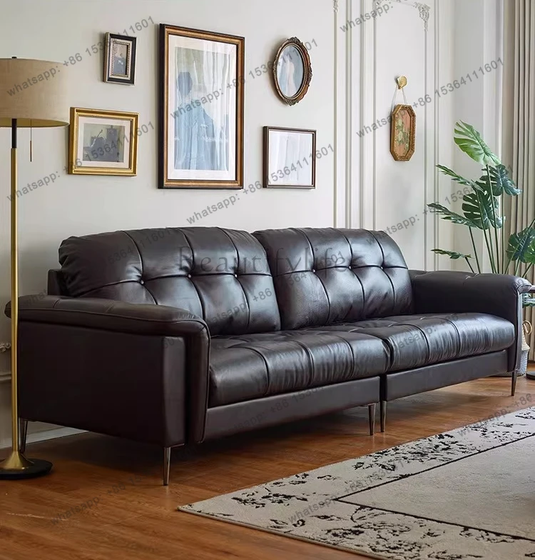 

Leather sofa light luxury black sofa first layer cowhide straight row medium antique style