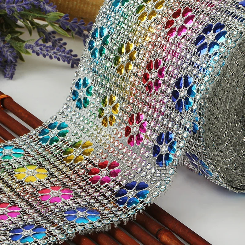 1 Yard Sparkle 5 Color Heart Rhinestone Diamond Mesh Wrap Roll Ribbon Wedding Party Decoration Gift Cake Box Decor