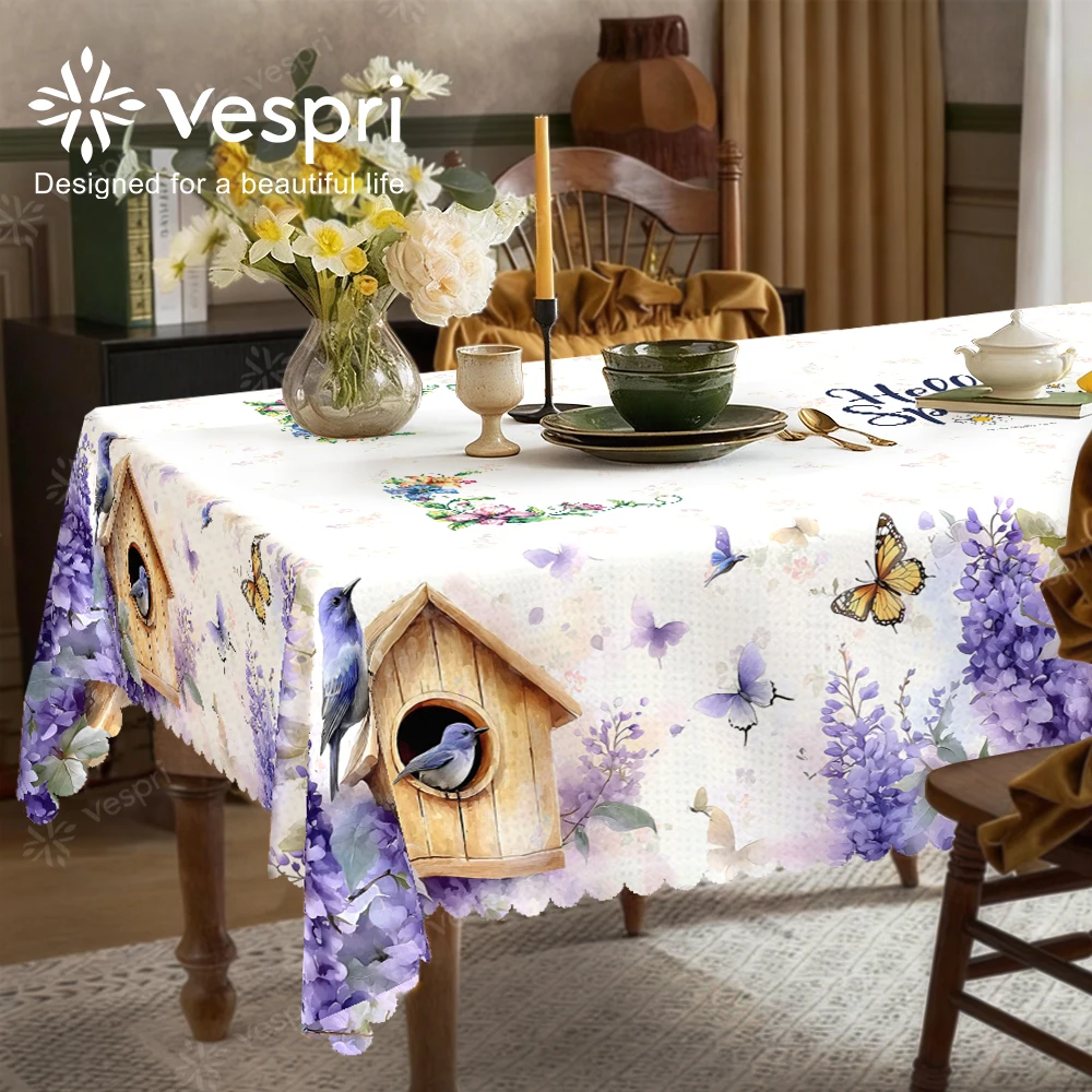 Cottage Tablecloth with Birdhouses, Cottages, Blue China for Indoor/Outdoor Camping decor, Rectangular/Round/Oval