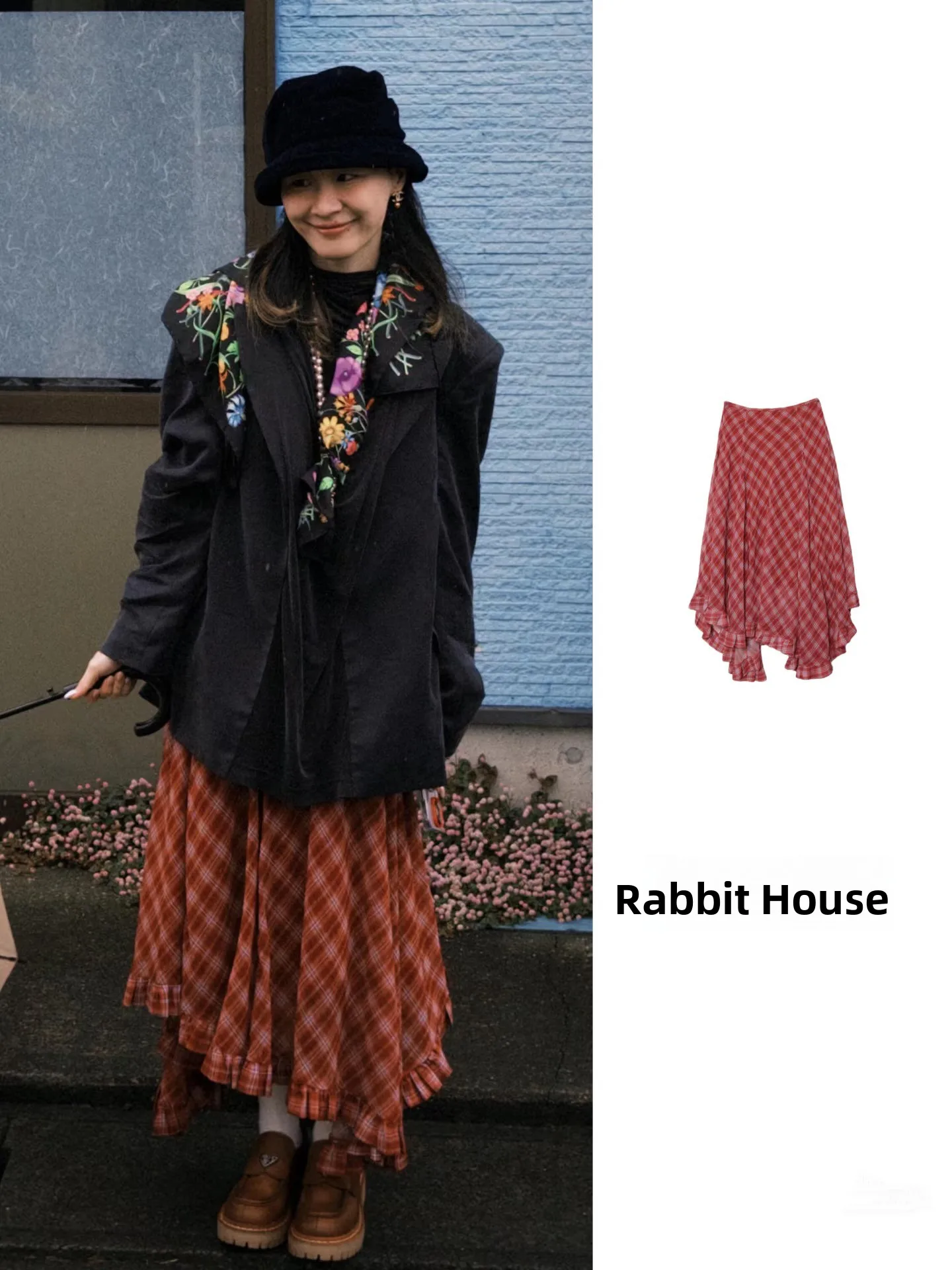 Jin Jing Ma Si Chen Red Plaid Asymmetrical  Skirt Lightweight Wooden  Trimmed Mid-Length Skirt Lazy Style City Commute