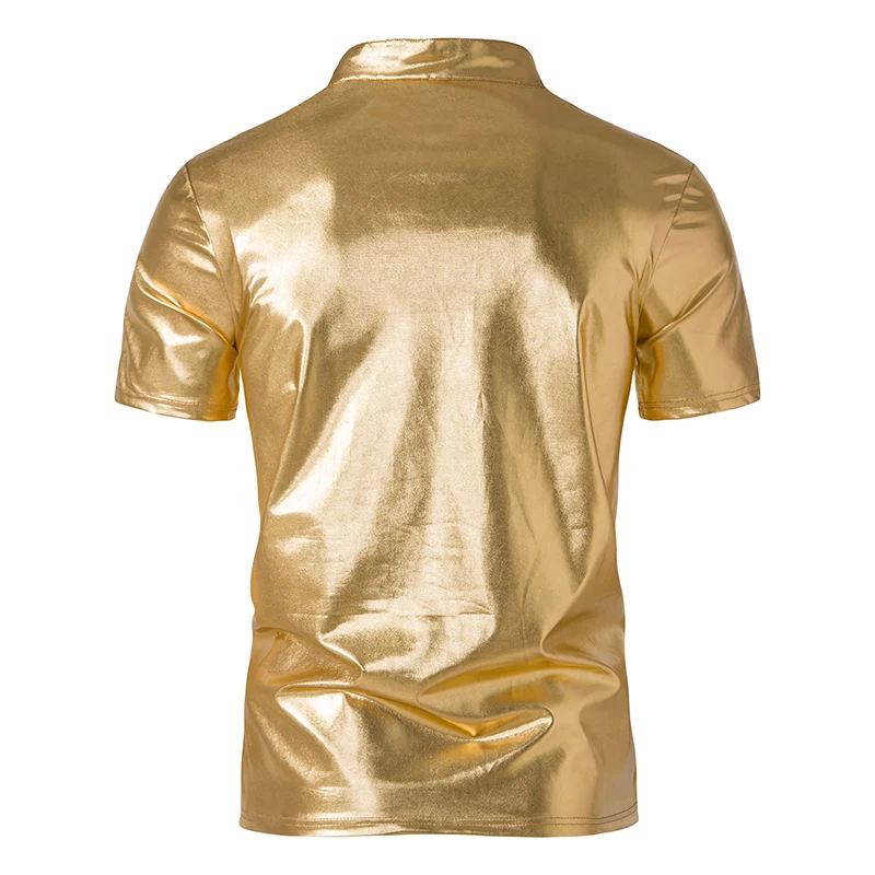 Mens Hipster Glossy Gold Short Sleeve Polo Shirt Henry Collar 70s Disco Nightclub Party T-Shirts