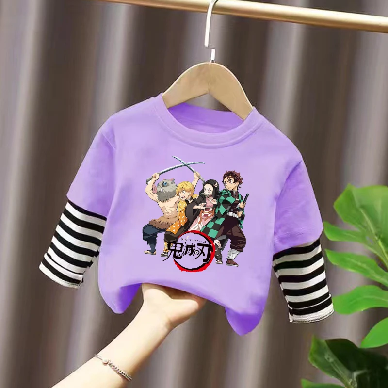 

Demon Slayer Kimetsu No Yaiba Long-sleeved T-shirt Boy Girl Cartoon Anime Sweatshirt Children's Fashion Stripes Tee Homewear Top