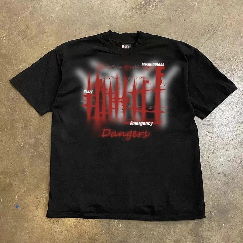 Little Chen Story 260g schweres, übergroßes Kurzarm-T-Shirt aus reiner Baumwolle in Red Text Black Mist, Harajuku-Stil, vielseitig einsetzbar