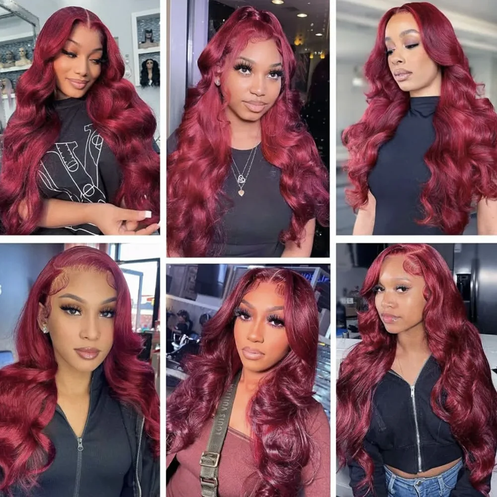 99j بورجوندي الجسم موجة باروكة من شعر طبيعي 13x6 HD الدانتيل الشفاف أمامي باروكة من شعر طبيعي 99j قبل قطعها الدانتيل الباروكات لمدة 46 بوصة #5