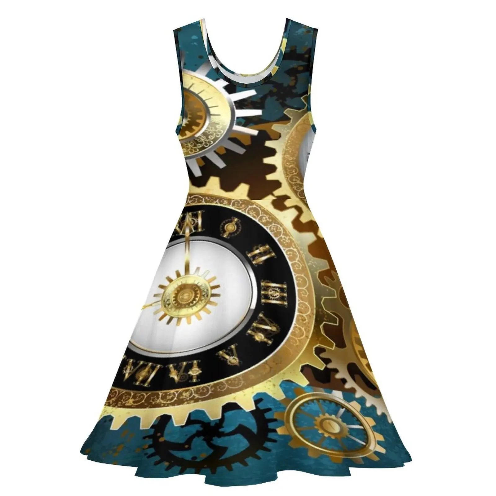 Gothic Print Dress Two Steampunk Clocks Cute Dresses Sleeveless Street Wear Skate Dress Women Graphic Vestido Birthday Present