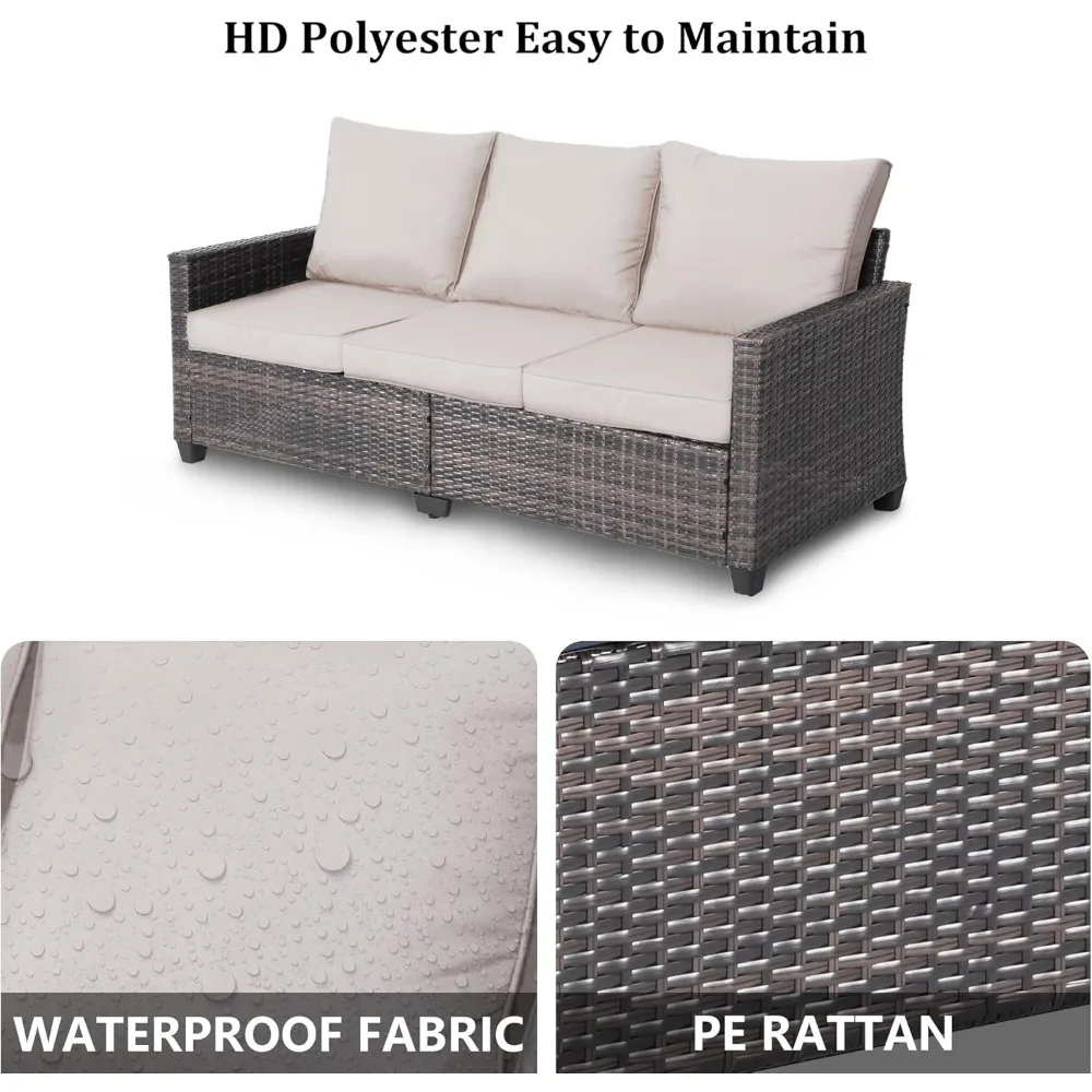 Sofá de pátio para todos os climas, sofá externo de 3 lugares com encosto alto e almofadas grossas, móveis para sofá ao ar livre com vime premium