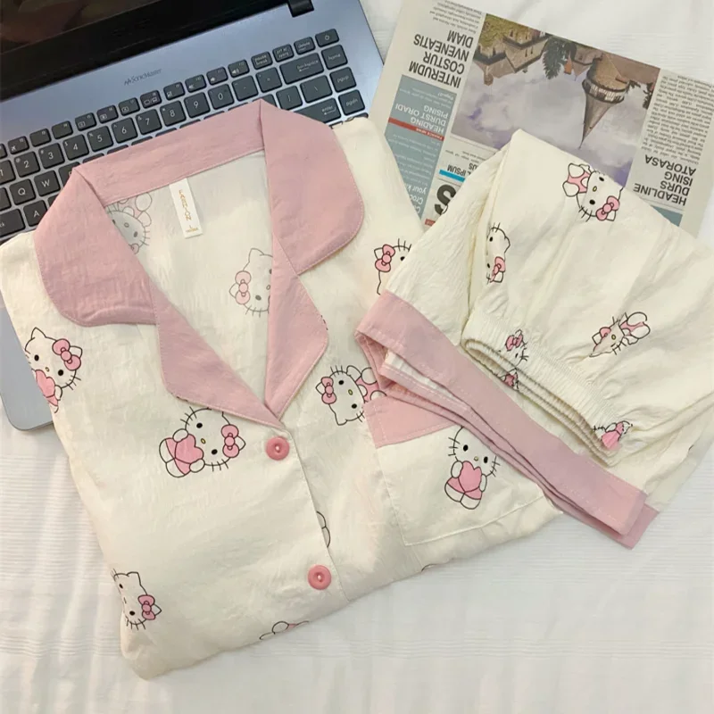 Sanrio Hello Kitty piyama sutra wanita, pakaian dua potong kasual lengan pendek sutra dingin musim panas