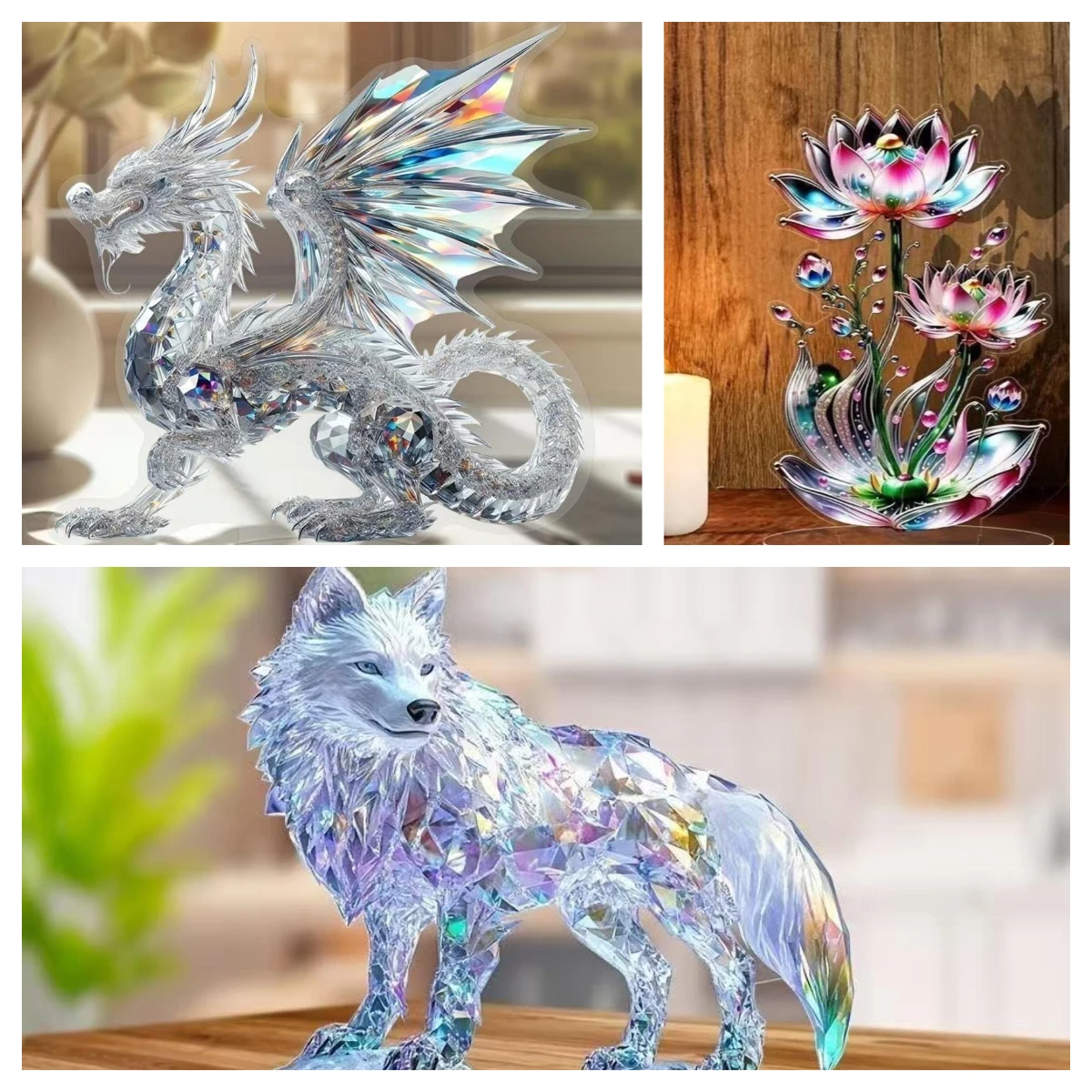 Acrylic White Crystal Dragon Statue 2D Flat Cool Figurine Animal Series Home Office Cafe Room Studio Display Case Ornament