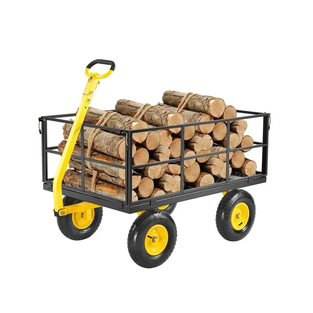 Carrello da giardino in acciaio resistente da 1400 libbre con pneumatici per tutti i terreni, lati in rete rimovibili e maniglia girevole a 180 gradi