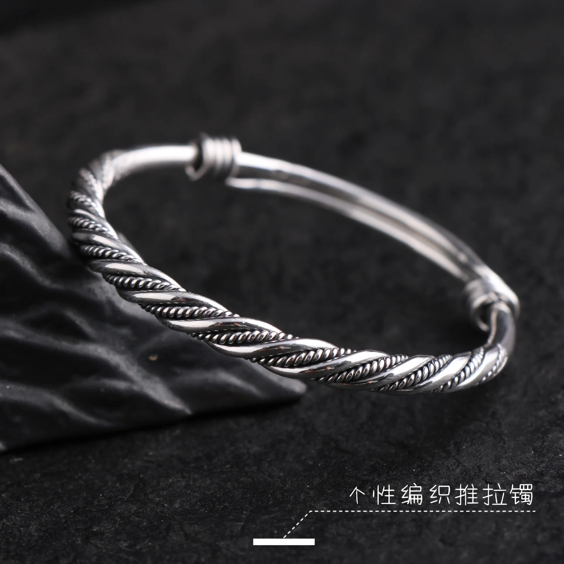 S999 retro pure hand-woven sterling silver bracelet personality Thai silver twist roll tail push-pull bracelet bangle