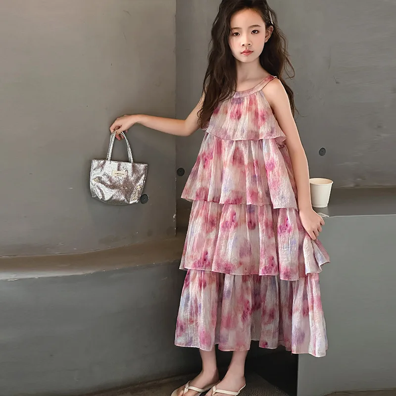 

Летнее пляжное платье без рукавов для девочек. Новое платье с лямкой на шее и принтом тай-дай. Подростковое платье без рукавов. Длинное платье.