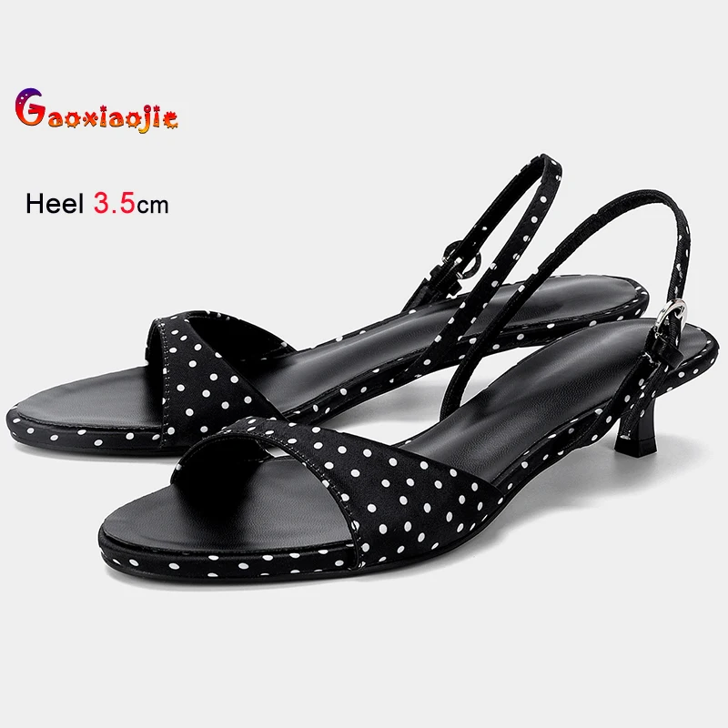 

2025 женские босоножки в горошек из шелкового атласа на тонком каблуке 3,5 см с круглым носком и пряжкой сзади, женские туфли-лодочки с открытым носком, элегантные модельные туфли