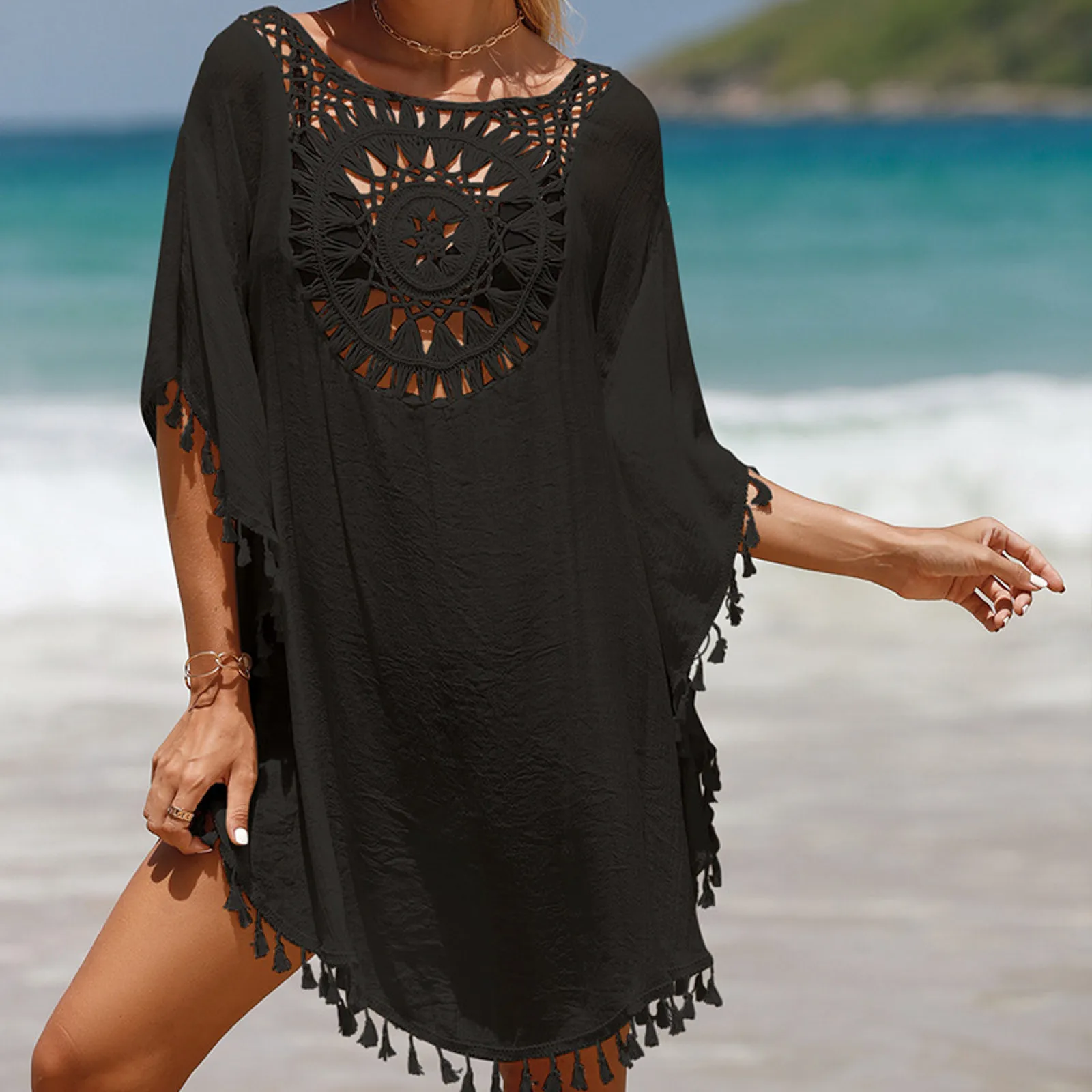 

2023 Women Solid Hollow Cover Ups Small Tassel Beach Dress Short Sexy Loose Cover Up Fashion Ladies Bathing Swimsuit