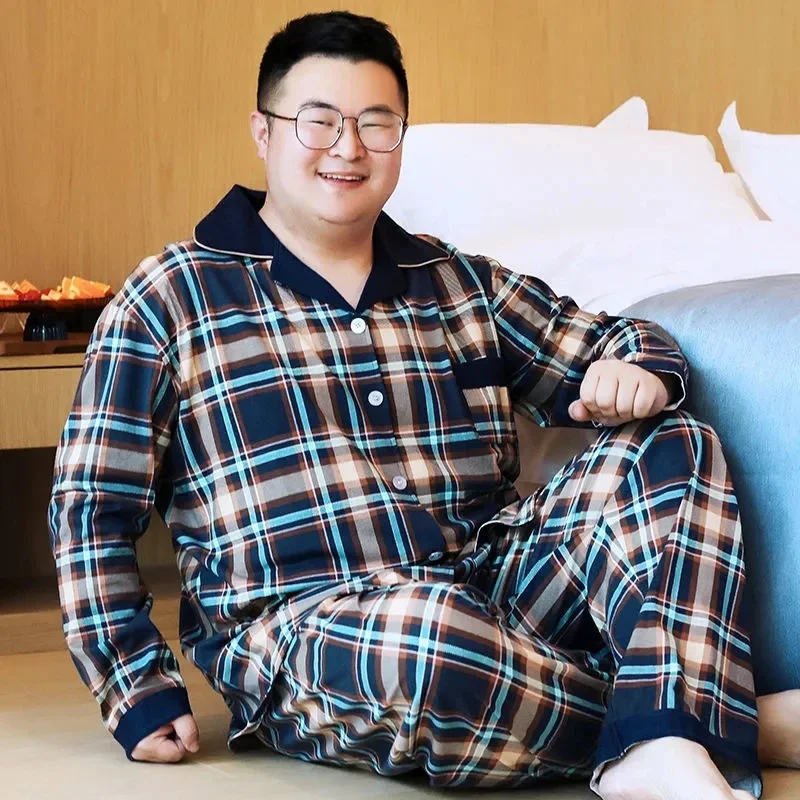 ชุด15011-6Pajamas สำหรับผู้ชาย, ชุดเสื้อผ้าสำหรับใส่ในบ้านแขนยาวทรงหลวมขนาดใหญ่พิเศษผ้าคอตตอนสำหรับฤดูใบไม้ร่วง/ฤดูหนาว150กก.