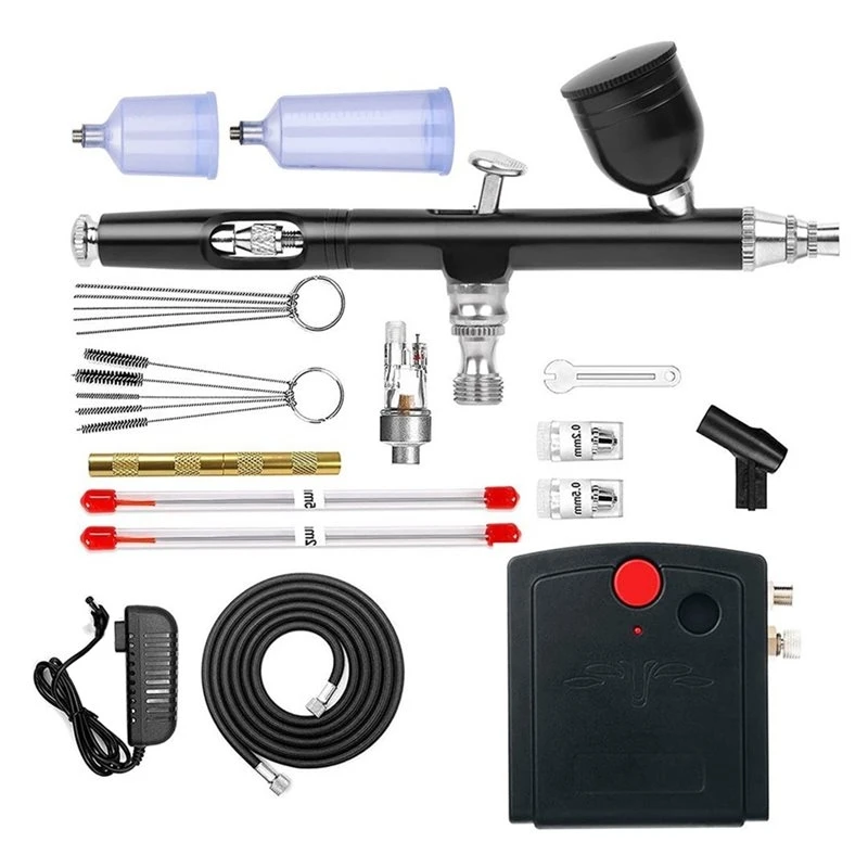 【A08I】Dual-Action Multi-Function Airbrush Kit, Noise-Reducing Compressor Portable Set For Painting Cakes Models EU Plug