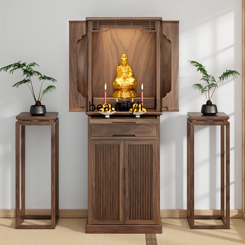 Solid Wood New Chinese Style Clothes Closet Modern Minimalist Buddha Cabinet God of Wealth Guanyin Altar Black Walnut