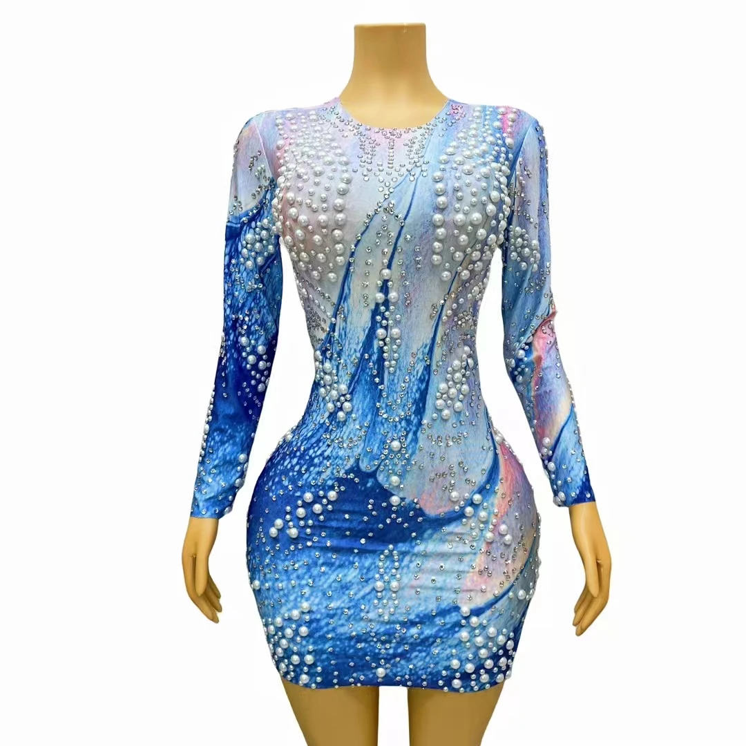 

Blue Printing Pearl Short Dress Club Nightclub Women Singer Stage Performance Costume Party Prom Birthday Bodycon Dresses