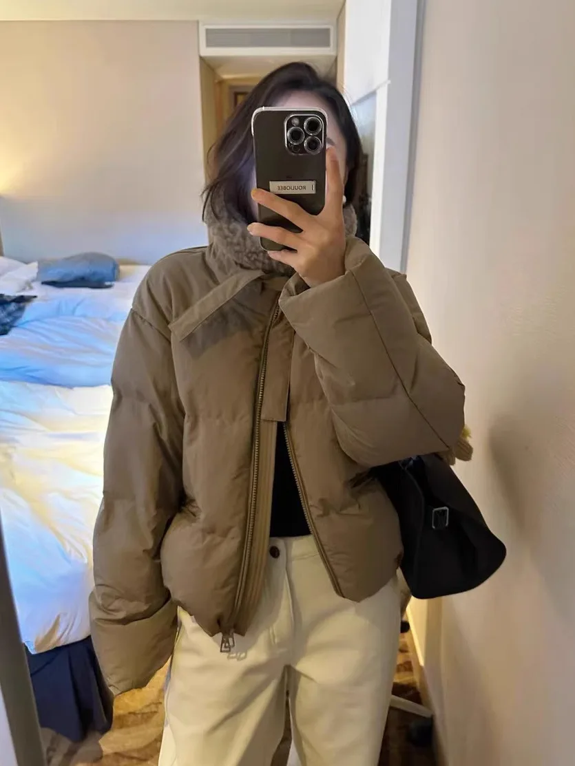 Faionable ort Du down Jaet Women's Zipper Collar Color Blo Winter Outerwear Korean Sle Warm Thiened Polyester