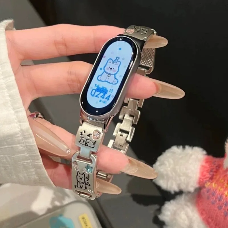 Tali Logam untuk Xiaomi Band 9 Gelang Jam Baja Tahan Karat untuk Xiaomi Band 8 Jam Tangan Pintar Gelang Olahraga Korea Gelang Wanita