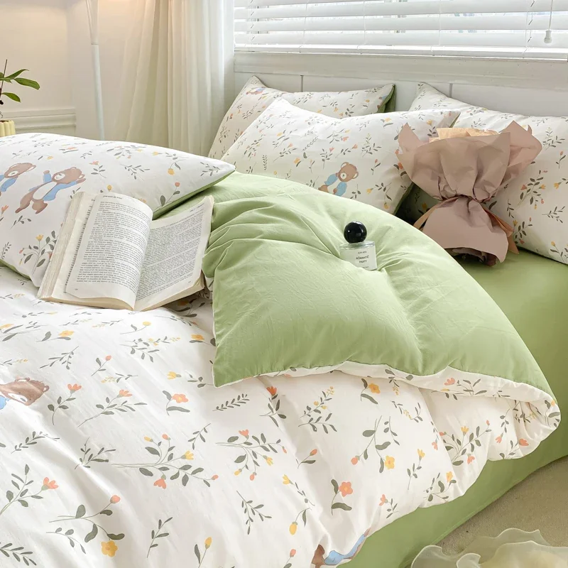 

2024 New Floral Bedding Set with Flat Sheet Pillowcases Green Duvet Cover No Filling Queen Full Size Boys Girls Bed Linens