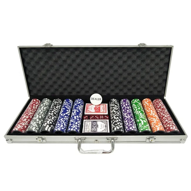 500 Pcs Laser Stickers Clay Poker Chips Set, Silver Aluminum Case, 2 Decks Playing Cards, White Dealer Button