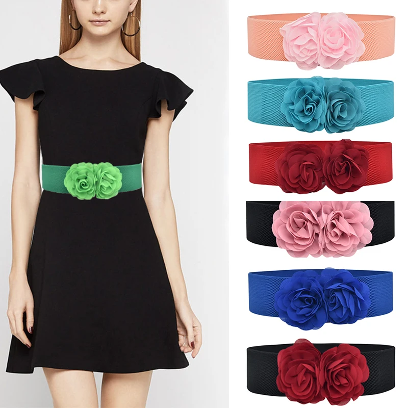 

Fashion All Match Waist Seal Elastic Waist Belts 2022 New Chiffon Flower Wide Belt Handmade Vintage Lady Dress Waistbands