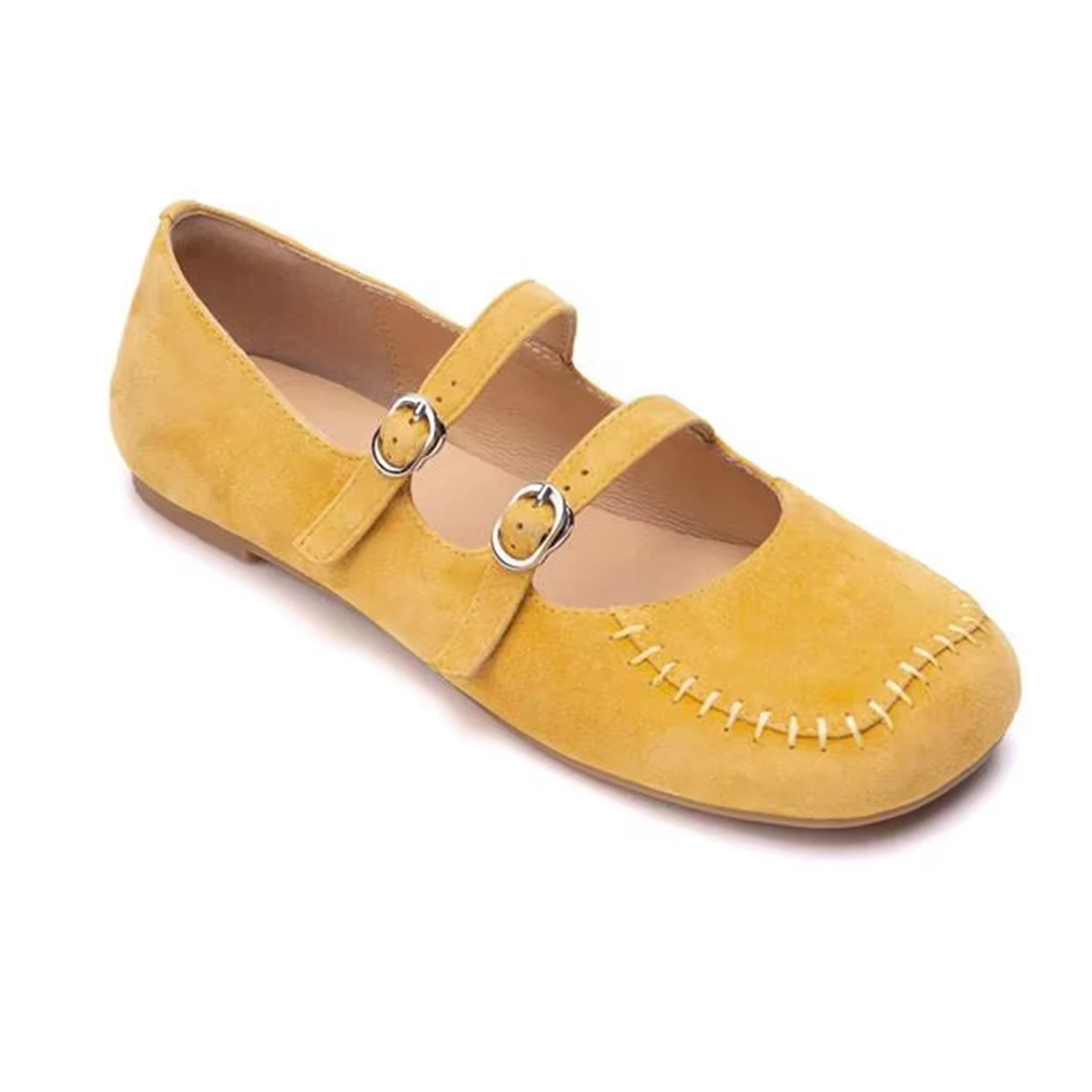 

Krazing Pot Sheep Suede Round Toe Women Summer Modern Street Wear Yellow Color Ballet Dancer Mary Janes Sewing Decoration Flats