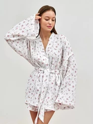 Hiloc Printing Pajamas Outfits Women Lace-Up Robes And Shorts Two Pieces Nightgown Suits Shorts 2-Piece Sets Homewear 2024 Lady