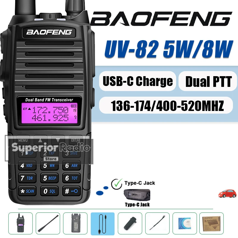 Baofeng UV-82 Walkie Talkie 5W/8W 2800mAh Type-C Charging Dual PTT Dual Band Long Range High Capacity For Hunting Two Way Radios