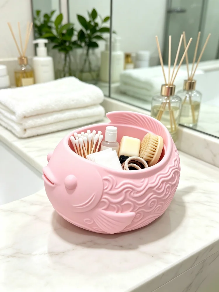 Pink Cute Little Fish Storage Bowl Made of Petg with a Matte Texture and Embossed Wave Pattern, Large Capacity, Wide Opening, Multi-Purpose Desktop Storage Container, Also Serving as a Small Fish-Shaped Pen Holder, Makeup Brush Holder, Jewelry Tray, Can Hold Jewelry, Hair Accessories, Stationery, Small Items, Suitable for Dressing Tables, Bathroom Countertops, Office Desks, Study Tables, Cute Animal-Shaped Desktop Decoration, Home Decor for Girls' Rooms, Creative Gift for Women and Girls