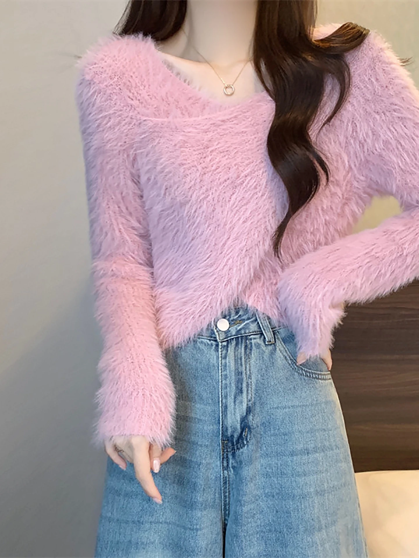 الكورية Sle لينة ort محبوك سترة المرأة Faion الصليب تصميم وهمية المنك المخملية الخريف جديد الحلو Sle أعلى irt