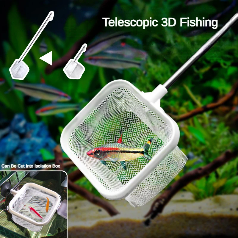 Aquarium 3D Quadratisches Fischernetz, einziehbar, mit Saugnapf, langer Griff, Fischernetz zum Angeln von Fischen und Garnelen, Aquariumzubehör