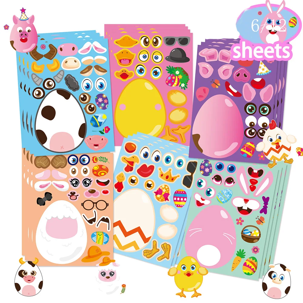 

6/12Sheets Cartoon Easter Eggs Make a face Puzzle Stickers Kawaii Children Assemble Jigsaw Sticker Education Toy For Kids Gift