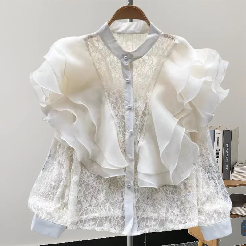 GVUW Gauze Women Shirt Fashion Ruffles Full Sleeve Stand Collar Single Breasted Solid Color New 2024 Fashion Shirts 17G7774