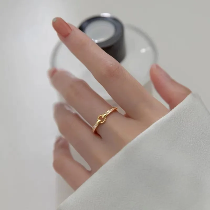 Silver Color Zircon Round Buckle Adjustable Ring For Women Party Cute Fine Jewelry Light Luxury Advanced Accessories
